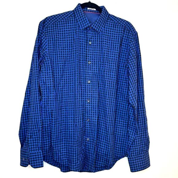 Bugatchi Uomo Gingham Shaped Fit Long Sleeve Button-Up Shirt Blue Medium - Picture 1 of 7